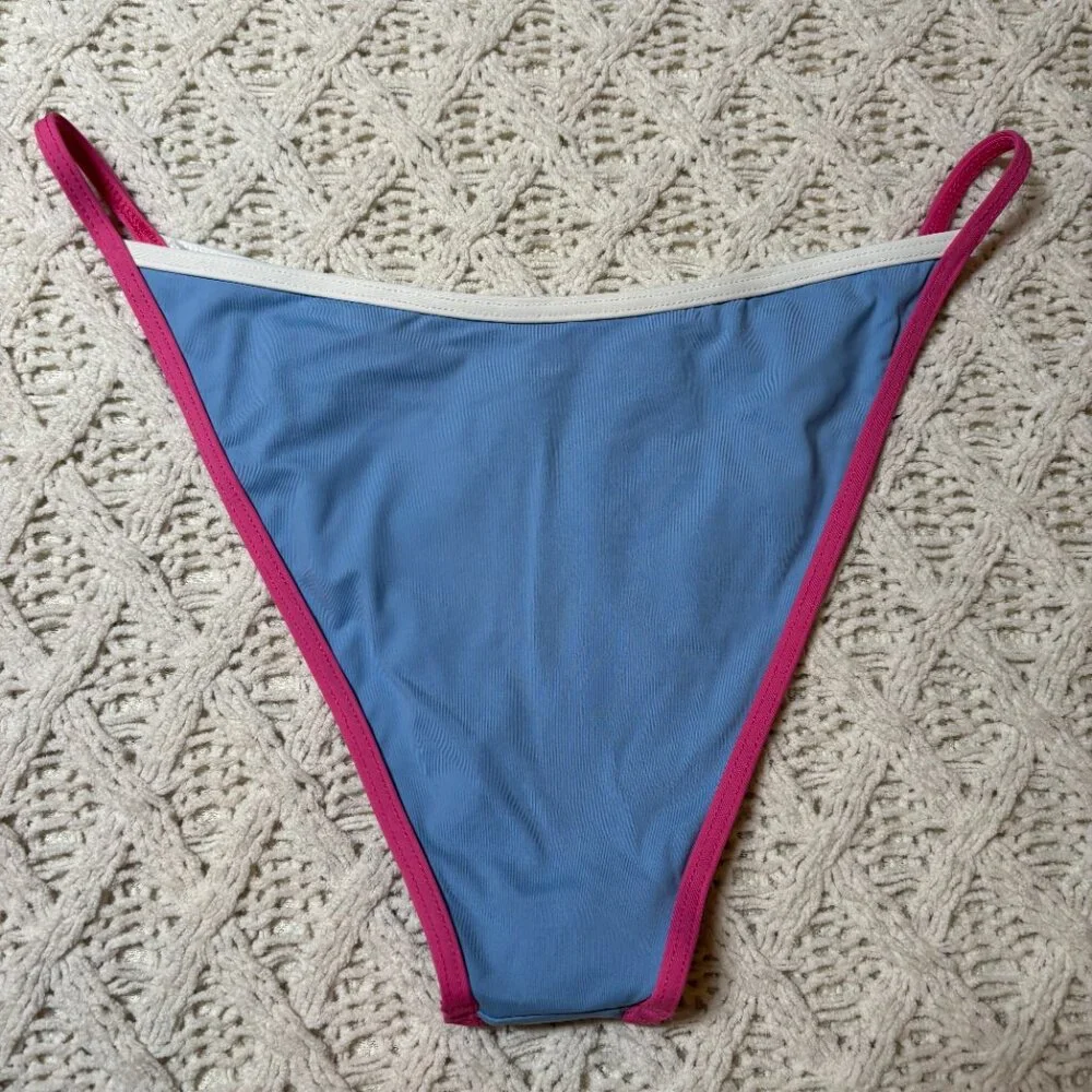 L*Space Bitsy Cut Bikini Bottom Blue with Pink & White Trim –‎ Women’s XL NWOT